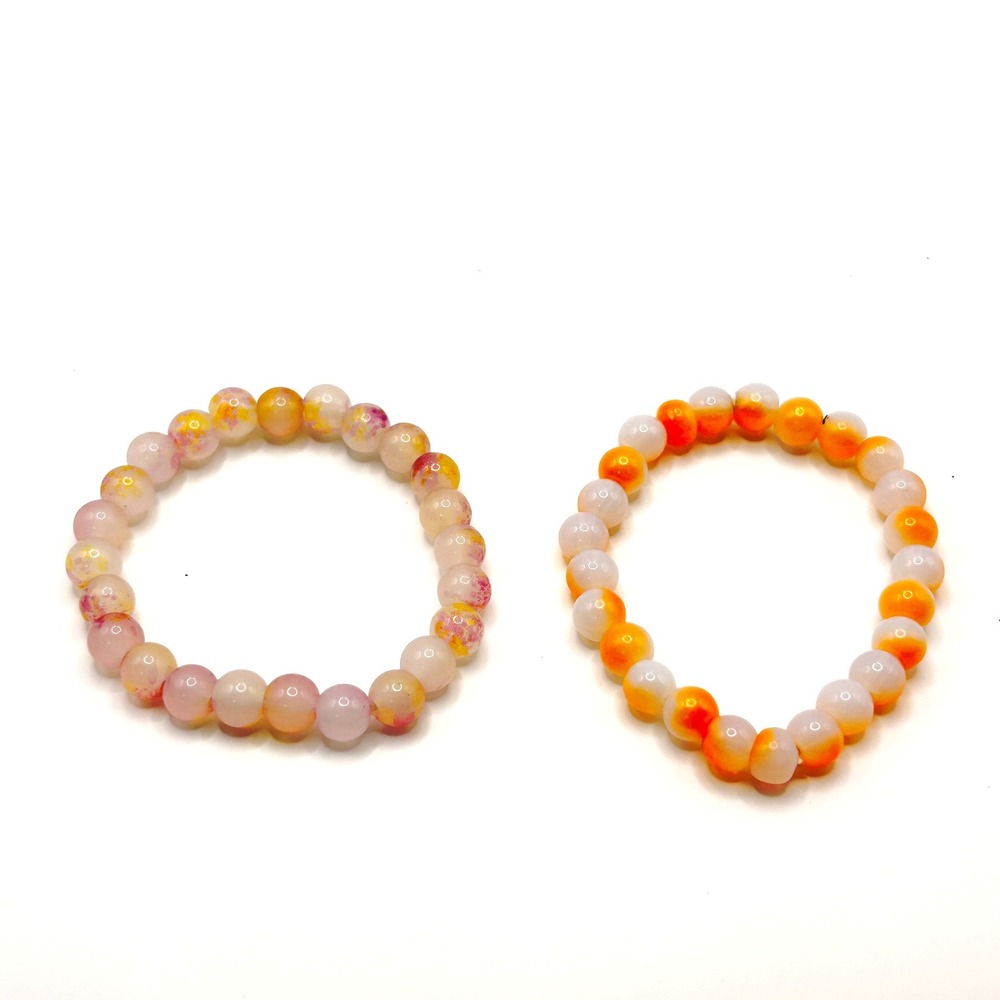 Beaded Stretch Bracelet Set Womens OS Pink Orange Agate Style Jewelry Boho Gift